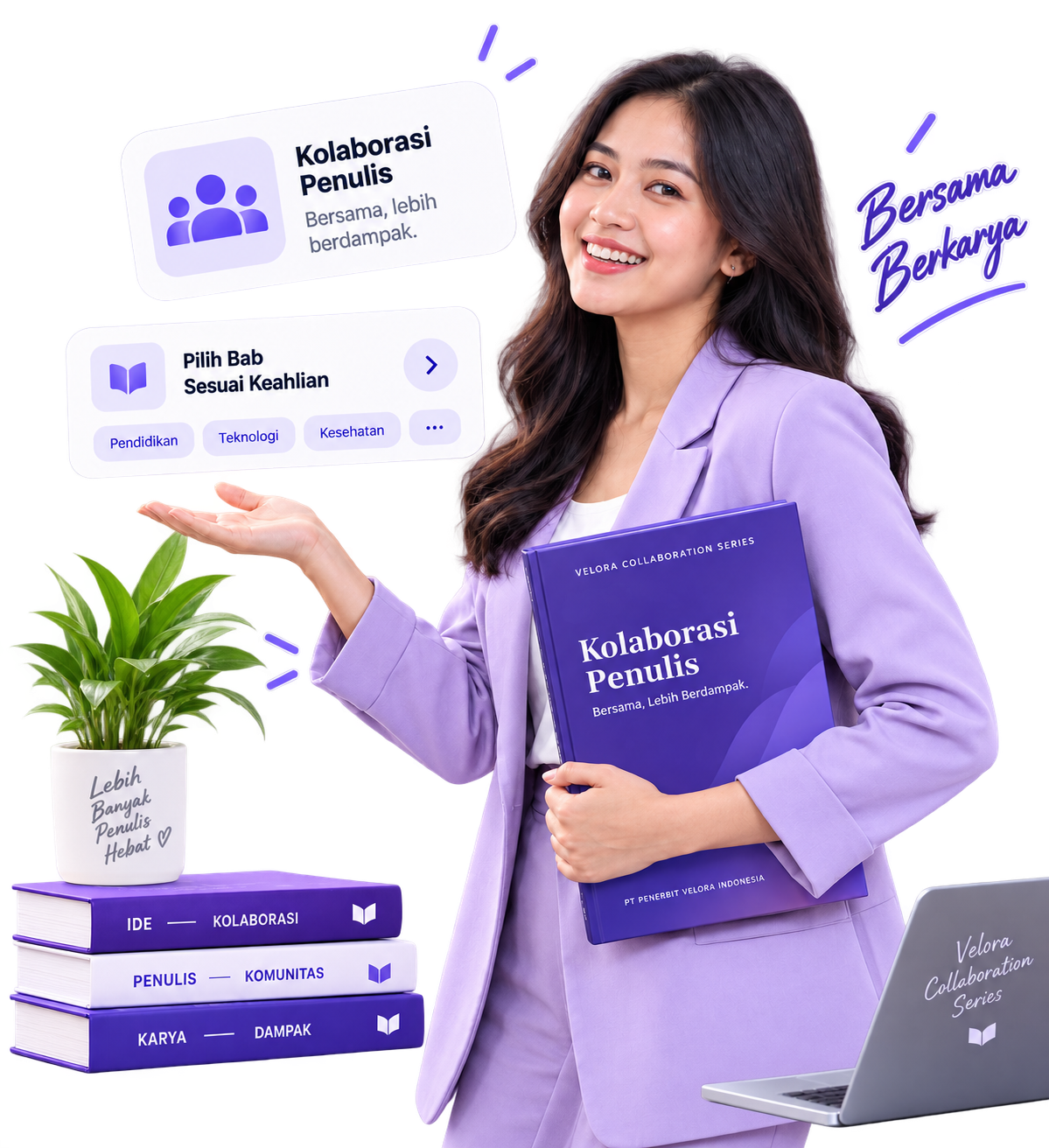 Model profesional Program Kolaborasi Penulis Velora Indonesia dengan buku dan elemen kolaborasi